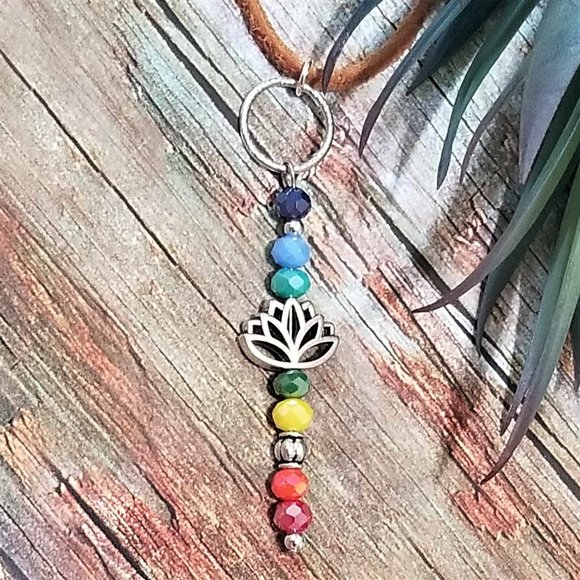 Artisan Hand Crafted Necklace Chakras Rainbow Color Silver Lotus Faux Suede Cord - Picture 8 of 9